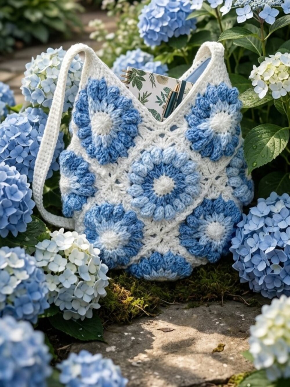 Luxury Indigo Dahlia Crochet Bag - 3D Floral Granny Square Tote - Fully Lined